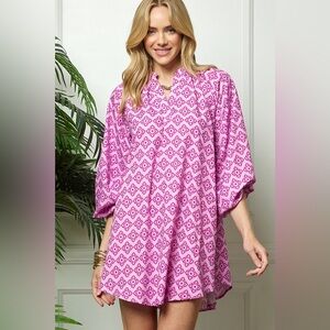Cezele L mini dress tunic top pink V Neck long sleeve print